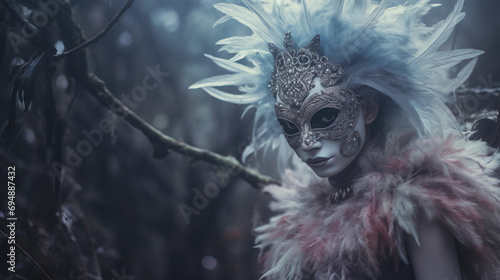 Surreal fantasy portrait, ethereal creature with a silver mask, iridescent feathers