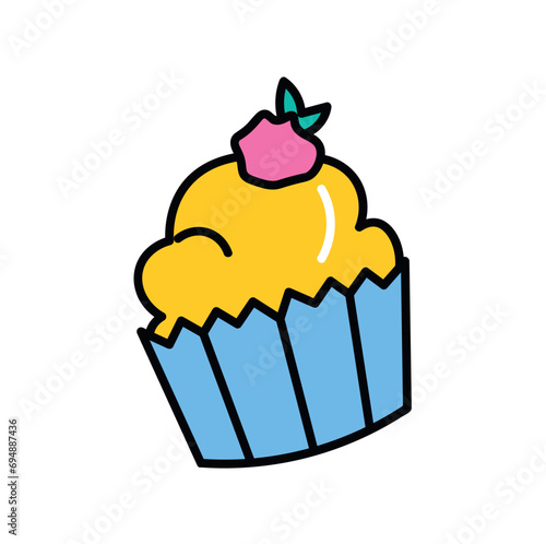 Cake of colorful food set. This cupcake image boasts a colorful design and crisp outlines, making it a standout choice for food-themed artwork. Vector illustration.