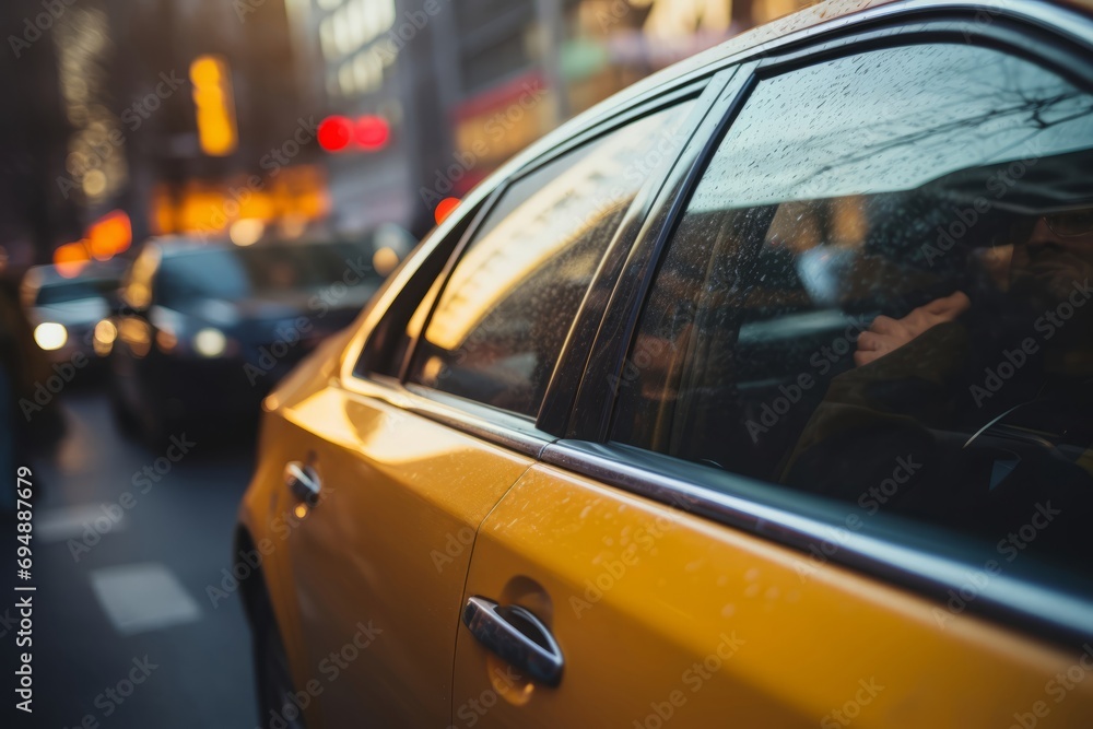 Yellow taxi car on a road of big city close up, selective focus. Yellow taxi car on a road of big city close up, selective focus.