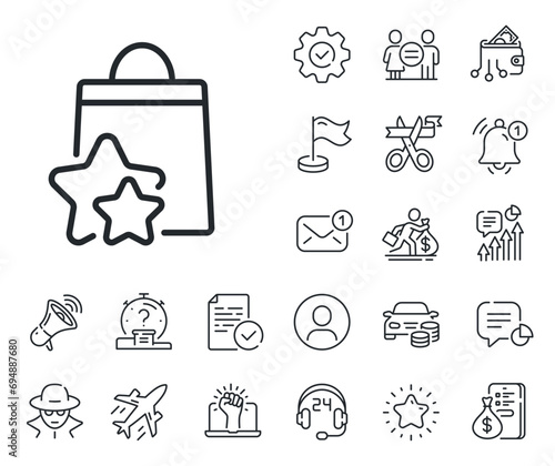 Bonus bags. Salaryman, gender equality and alert bell outline icons. Loyalty points line icon. Discount program symbol. Loyalty points line sign. Spy or profile placeholder icon. Vector