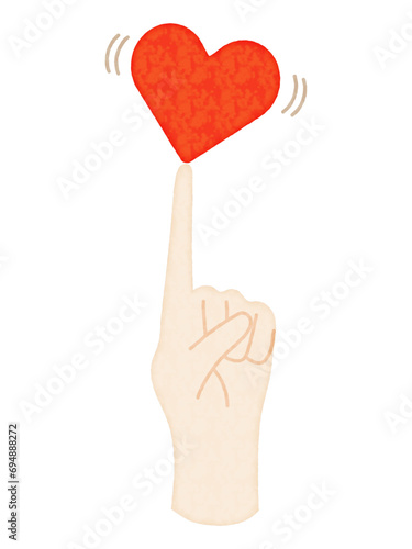 指の上で微妙なバランスをとるハートの水彩画風