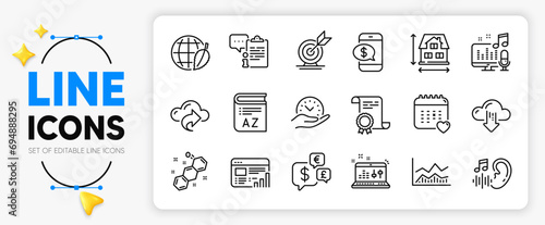 Trade infochart, Cloud share and Environment day line icons set for app include Healthcare calendar, Web report, Hearing outline thin icon. Vocabulary, Chemical formula. Vector