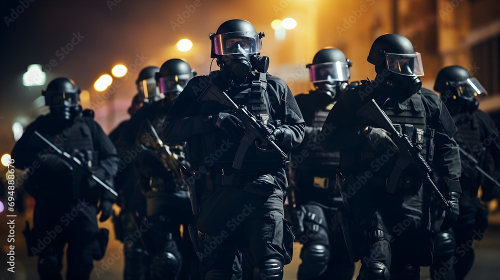 SWAT team in full riot gear preparing to take on a night-time riot. Generative AI SWAT team in full riot gear preparing to take on a night-time riot. Generative AI