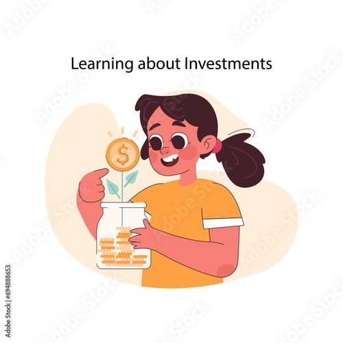 Investment Growth concept. A gleeful young girl learns the essentials of financial growth, planting a coin that sprouts into success, symbolizing smart saving habits. Flat vector illustration