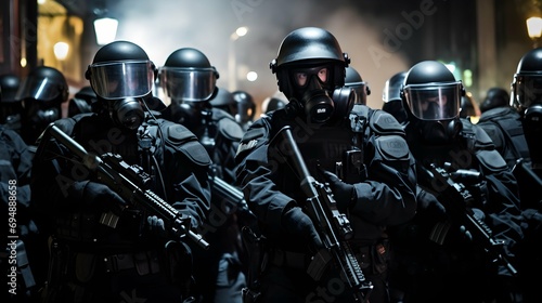 SWAT team in full riot gear preparing to take on a night-time riot. Generative AI photo