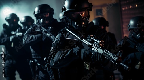SWAT team in full riot gear preparing to take on a night-time riot. Generative AI