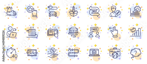 Outline set of Radiator, Car charge and Route line icons for web app. Include Video conference, 360 degree, Question mark pictogram icons. Touchscreen gesture, Delivery notification. Vector