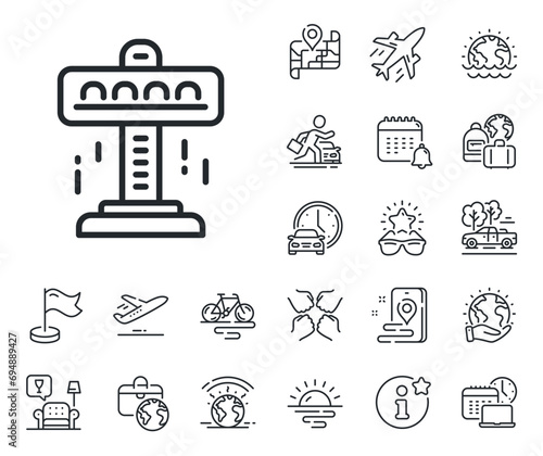 Amusement attraction park sign. Plane jet, travel map and baggage claim outline icons. Carousels line icon. Attraction line sign. Car rental, taxi transport icon. Place location. Vector