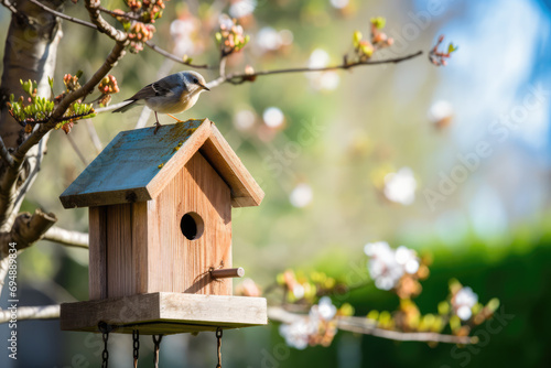 Bird Seeking Shelter On Tilted Birdhouse photo