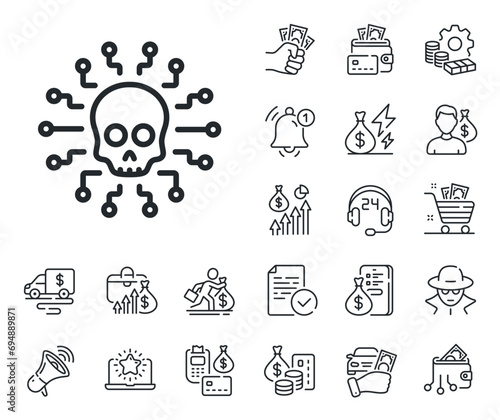 Ransomware threat sign. Cash money, loan and mortgage outline icons. Cyber attack line icon. Hacker network symbol. Cyber attack line sign. Credit card, crypto wallet icon. Vector