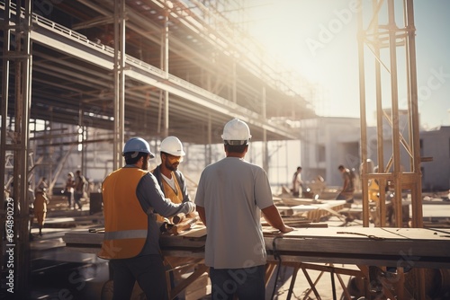 People company on construction company employees in uniform construction site