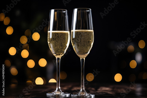 Closeup Of Sparkling Champagne Glasses Flutes With Bottles In The Background Against Dark Backdrop