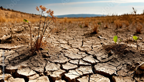 干ばつの土地と植物。枯草、ひび割れ、地球温暖化