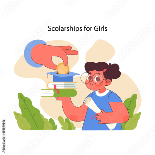 Scholarships for girls concept. A studious girl, eager to learn, receives financial aid symbolized by a coin into her stack of books, emphasizing girls education. Flat vector illustration