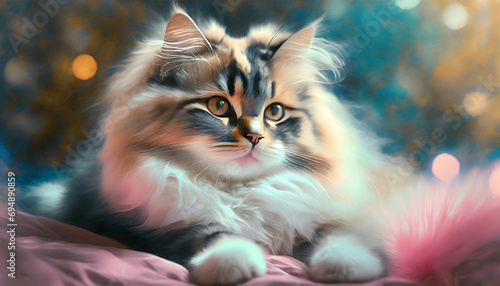 A fluffy cat lying on the bed in the style of graflex speed graphics, holography, close-up intensity, dark beige and pink colors, intense facial expression, Persian miniature, pinhole photography photo