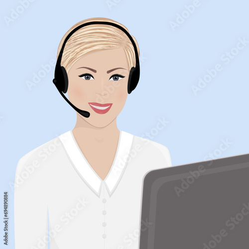 Female customer support phone operator with headset working in call center. Helpline service, telemarketer or technical support team
