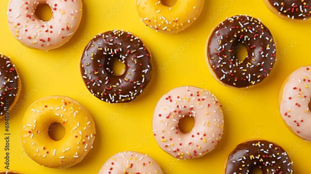 Donuts pattern. Different types of donuts on yellow background. Chocolate, glaze and caramel donuts