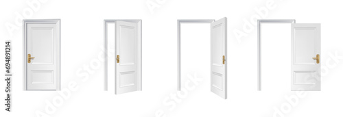 3d realistic vector icon illustration. White wooden door opened and closed.