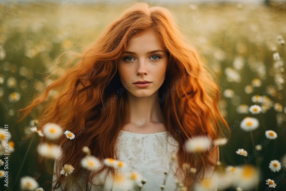 Red-Haired Girl Amidst A Meadow Of Chamomile Blossoms Red-Haired Girl Amidst A Meadow Of Chamomile Blossoms