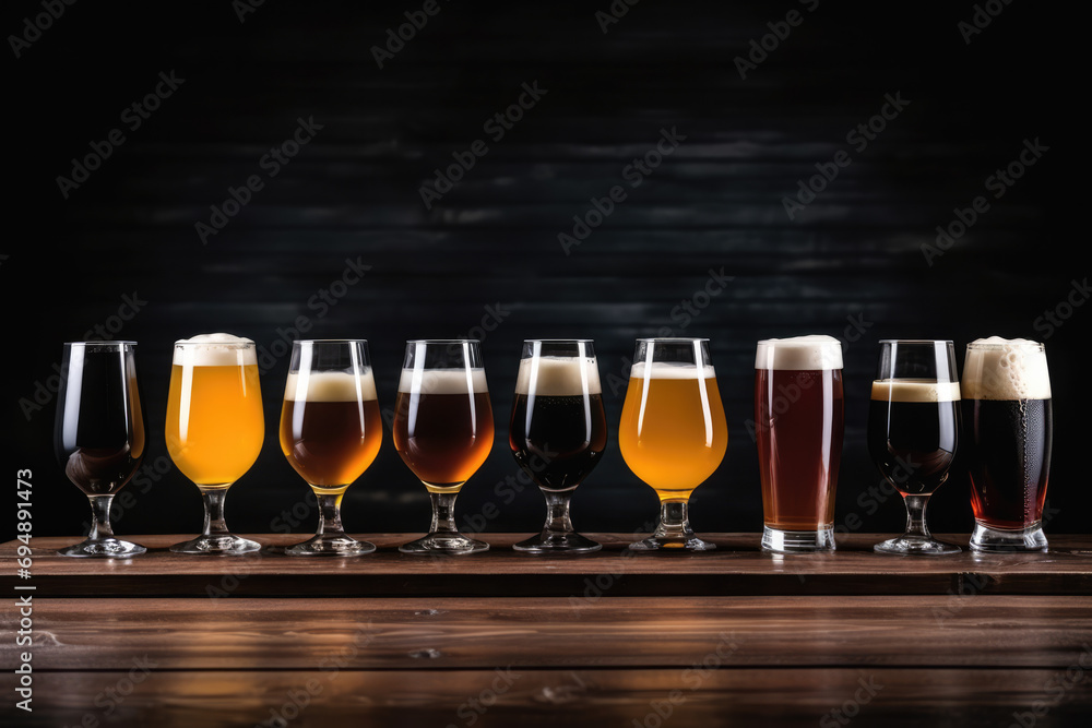 Glasses Of Different Kinds Of Dark And Light Beer On Wooden Table In Line - obrazy, fototapety, plakaty 