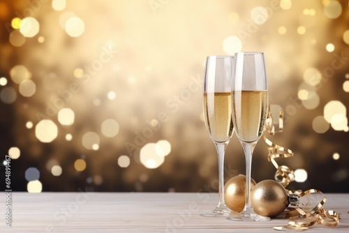 Glass Of Champagne On Silver Background For Christmas