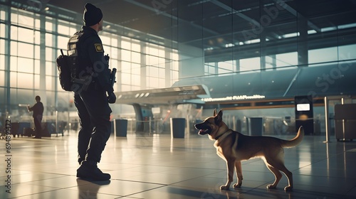 Security officer with police dog at airport. Police dog. Sniffer Dog. Generative AI photo