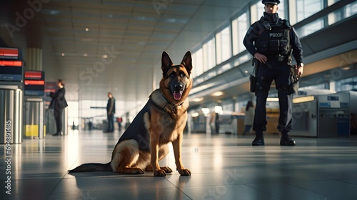 Security officer with police dog at airport. Police dog. Sniffer Dog. Generative AI photo