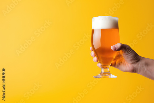 Hand Holding Glass Of Beer Against Colorful Background photo