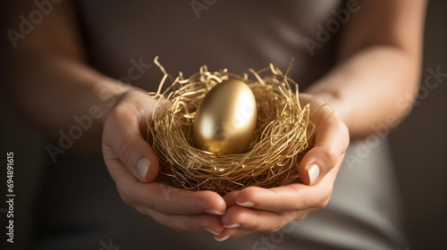 savings increasing saving concept egg golden nest hold carefully hands female. Generative AI photo