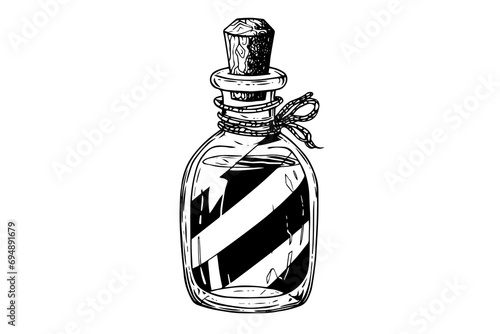 Magic bottle with potion hand drawn ink sketch. Engraved style vector illustration.
