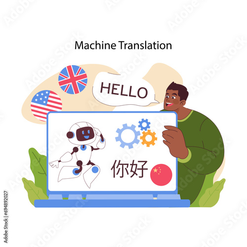 Machine translation concept. Seamless global communication bridged by AI, transcending language barriers. Multilingual integration and cultural connection through technology. Flat vector illustration