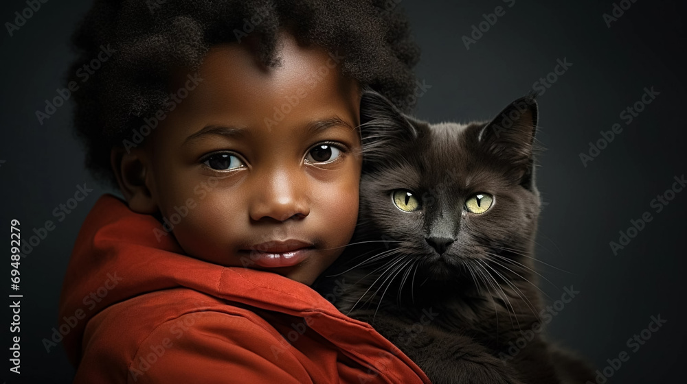 copy space, stockphoto, realistic, National Love Your Pet Day. Little black boy hugging his cat. Peaceful scene. Love and friendship between an animal, cat and boy, owner. copy space, stockphoto, realistic, National Love Your Pet Day. Little black boy hugging his cat. Peaceful scene. Love and friendship between an animal, cat and boy, owner.