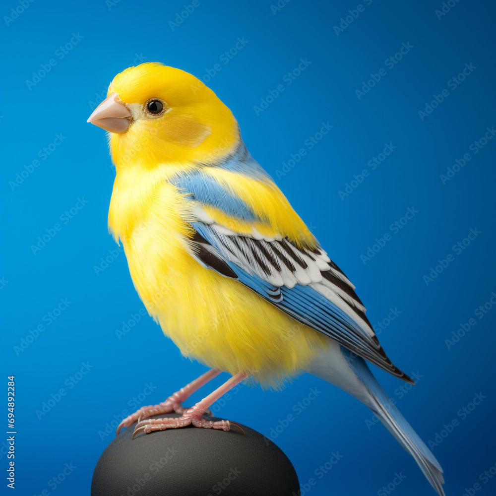 Obraz premium a realistic beautiful yellow and white canary on a blue background created with Generative Ai
