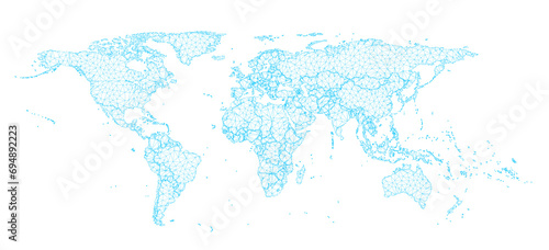 A 3D illustration of a world map with dots and nets, presented in a glowing hologram abstract molecule stylized form and isolated on a transparent background in PNG format, perfect for use as a design