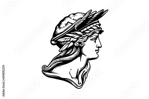 Hermes head hand drawn ink sketch. Engraved style vector illustration.