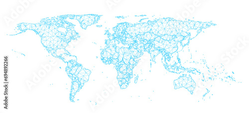 A glowing hologram abstract molecule stylized 3D illustration of a world map with dots and nets, isolated on a transparent background in PNG format and suitable for use as a design element.