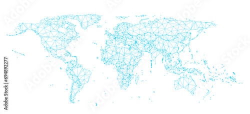 A 3D illustration of a world map with dots and nets, presented in a glowing hologram abstract molecule stylized form and isolated on a transparent background in PNG format, suitable for use as a desig