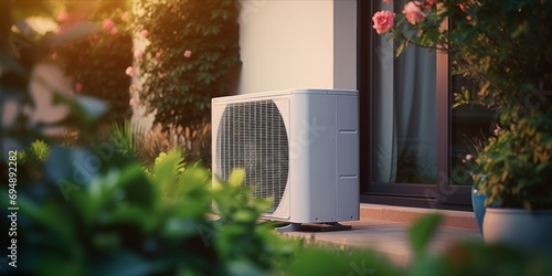 Residential air conditioning unit outside a home with plants and evening sunlight