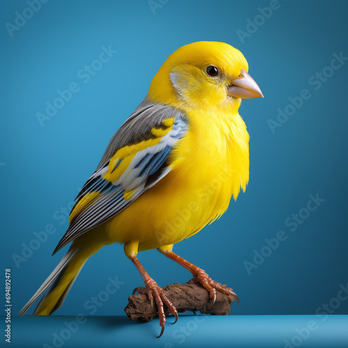 a realistic beautiful yellow and white canary on a blue background created with Generative Ai © Andrii Yablonskyi