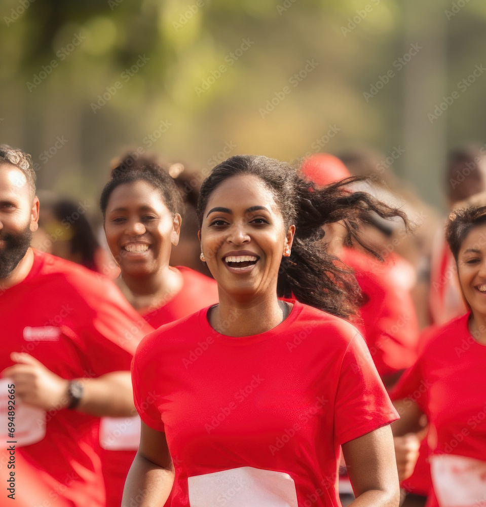 Group of smiling people, men and women in red uniform running outdoors, taking part in public marathon. Concept of sport event, endurance and speed, marathon, action and motion