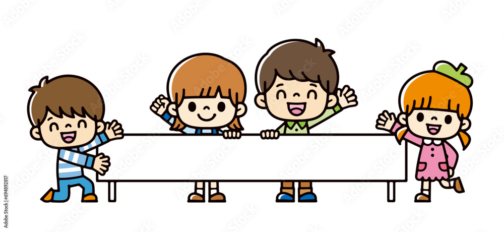 illustration of white sign with smiling and waving children illustration of white sign with smiling and waving children