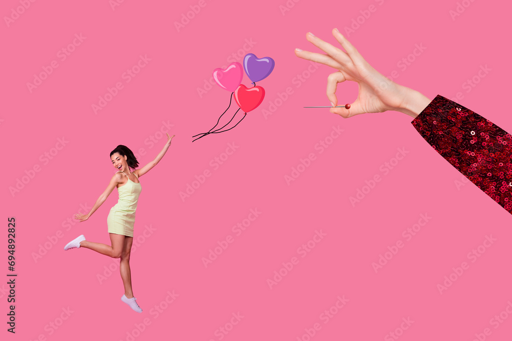 Photo collage illustration funny attractive woman jumping throwing helium air balloons in sky valentine day whe hand with needle destroy it Photo collage illustration funny attractive woman jumping throwing helium air balloons in sky valentine day whe hand with needle destroy it