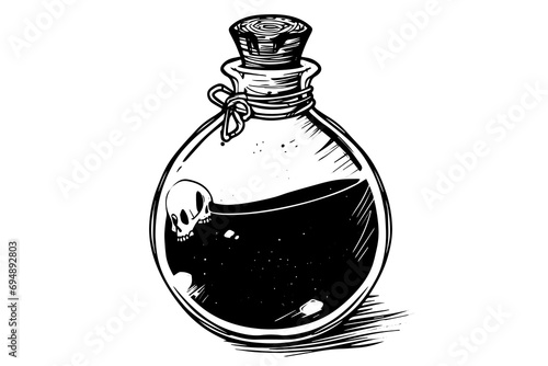 Magic bottle with potion hand drawn ink sketch. Engraved style vector illustration.