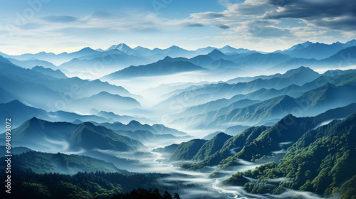 Landscape with blue mountains in a fog in a morning. In the style of light navy and blue, layered lines. © Vladimir