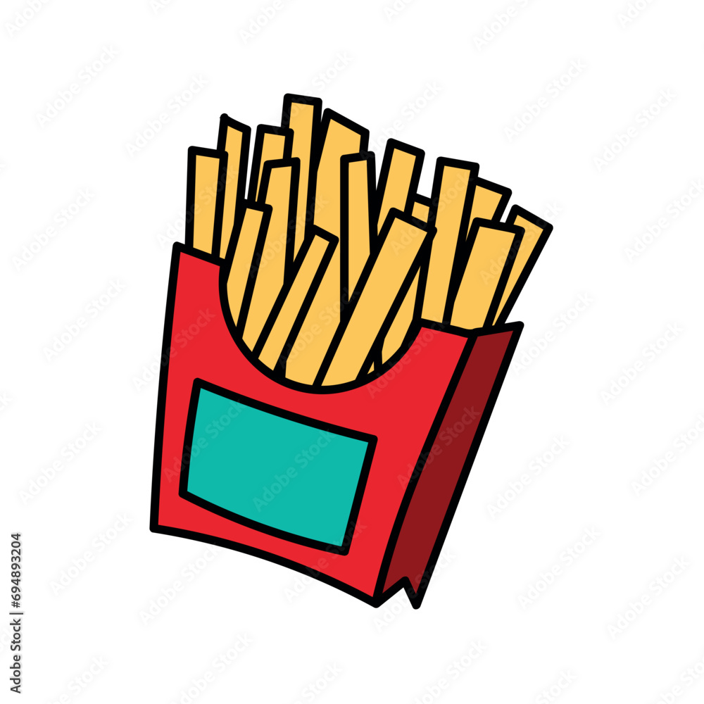 Element of fast food colorful set. Its lively design and bold outlines highlight the star of the show: crispy fried potatoes, an irresistible classic. Vector illustration. Element of fast food colorful set. Its lively design and bold outlines highlight the star of the show: crispy fried potatoes, an irresistible classic. Vector illustration.