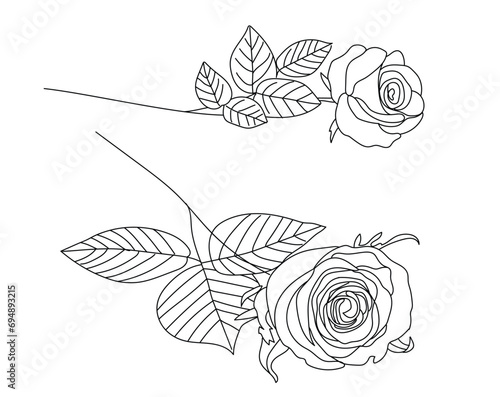 Set of black and white flowers, lying roses one line drawing vector, rose outline, rose with leaves | flower continue line art, flower illustration, flower vector