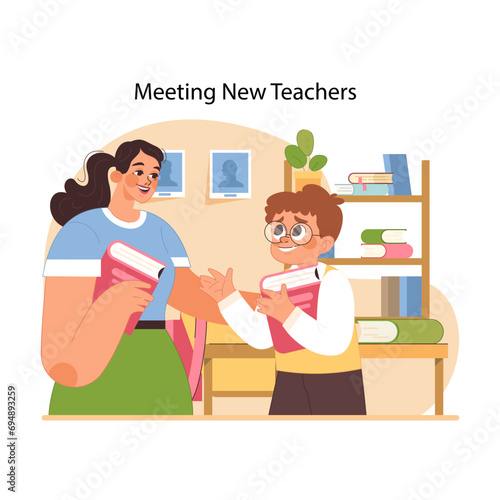 Meeting new teachers concept. Students eager introduction to new mentor, marking the start of educational journey at new school. Creating supportive atmosphere for newcomer. Flat vector illustration