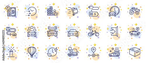 Outline set of Inventory, Push cart and Tractor line icons for web app. Include Lighthouse, Charging time, Exit pictogram icons. Station, Car wash, Book car signs. Bike, Air balloon, Battery. Vector