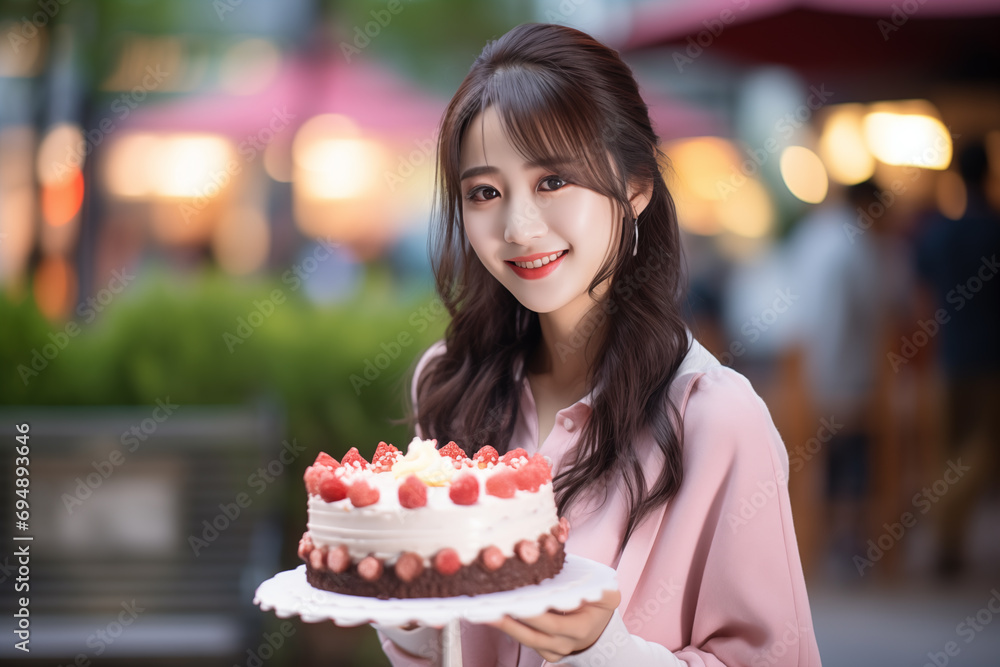 Young pretty Chinese woman at outdoors holding birthday cake Young pretty Chinese woman at outdoors holding birthday cake