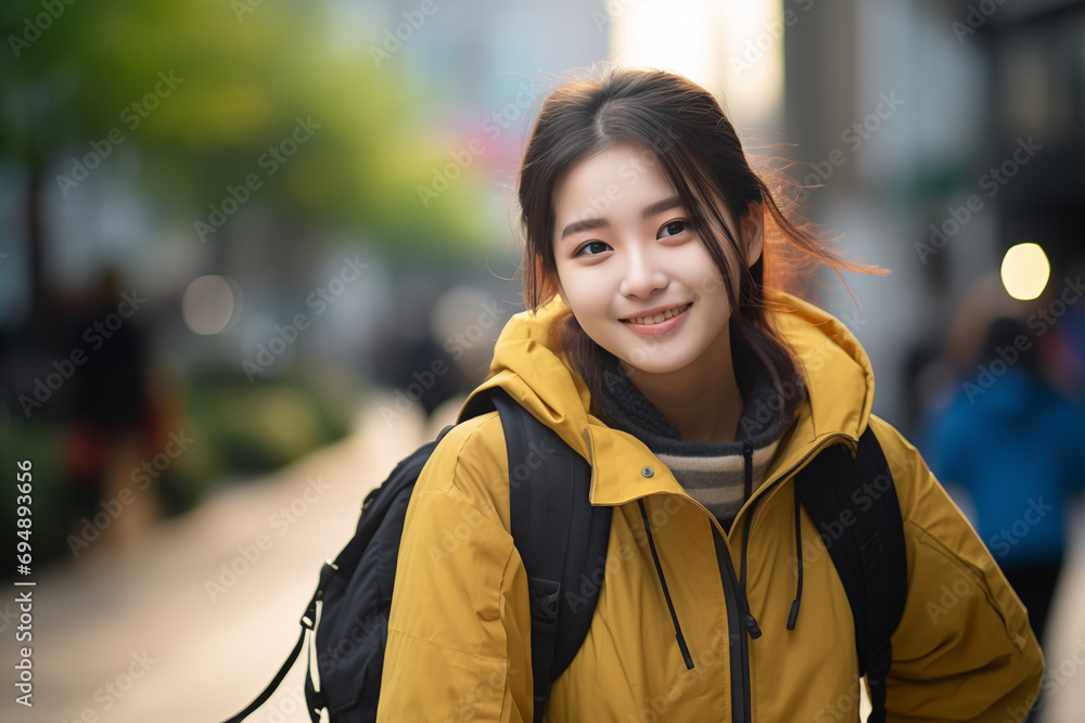 Young pretty Chinese woman at outdoors with a student backpack